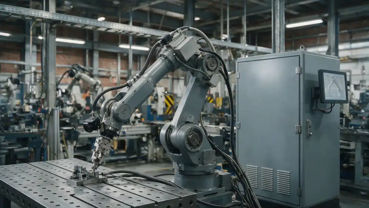 industrial robot arm connected to controller cabinet in factory workspace