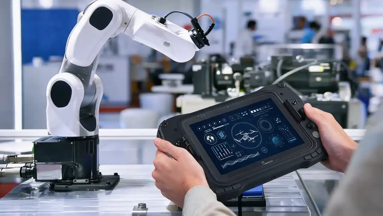 industrial robot arm controlled through a digital interface in factory workspace