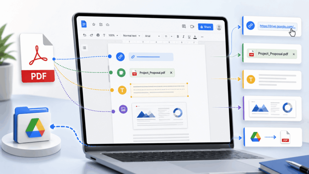 Five ways to insert a PDF into a Google Doc shown as connected icons on laptop