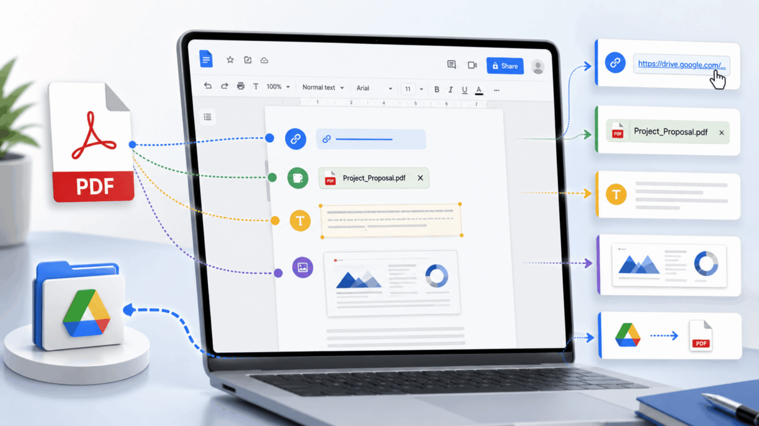 Five ways to insert a PDF into a Google Doc shown as connected icons on laptop