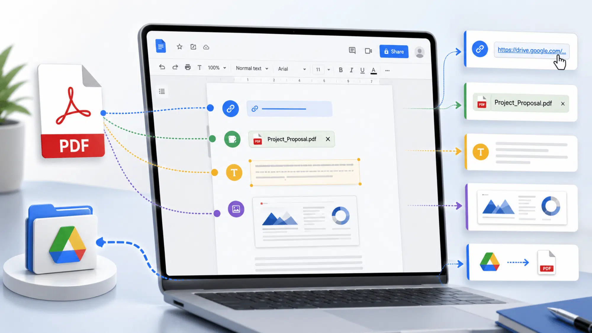 Five ways to insert a PDF into a Google Doc shown as connected icons on laptop