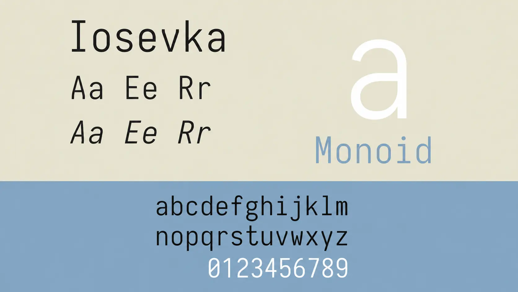 iosevka font sample showing customizable coding characters symbols and typography styles