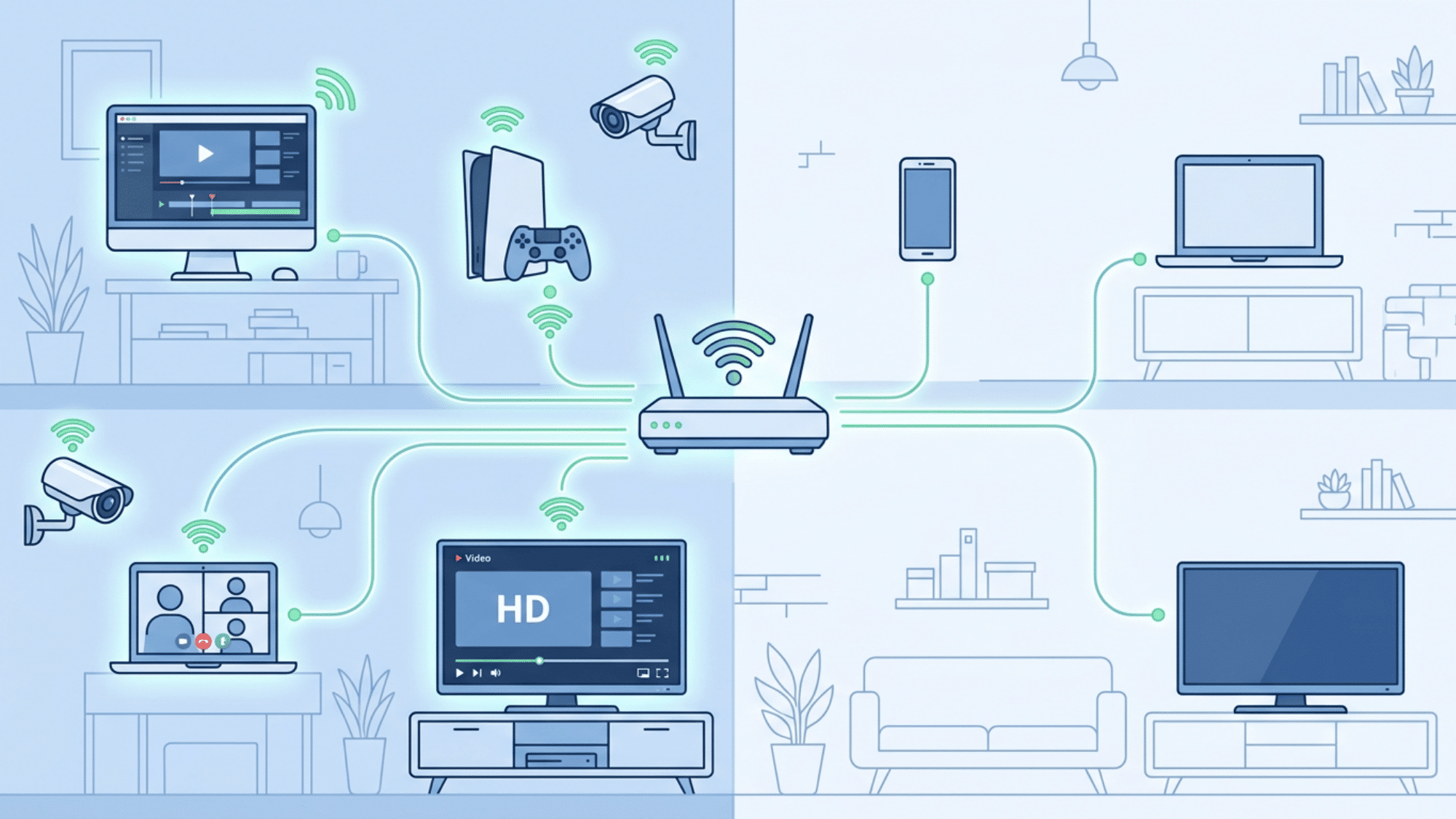 Split-screen home showing busy vs minimal device setup connected to a router