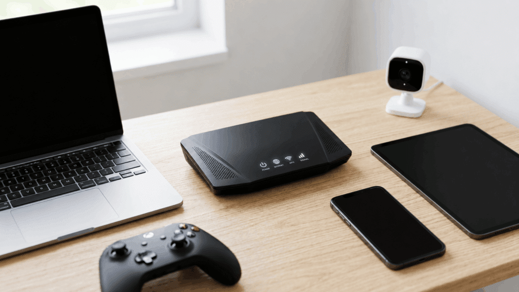 Router on a desk with a laptop, game controller, phone, tablet, and smart camera