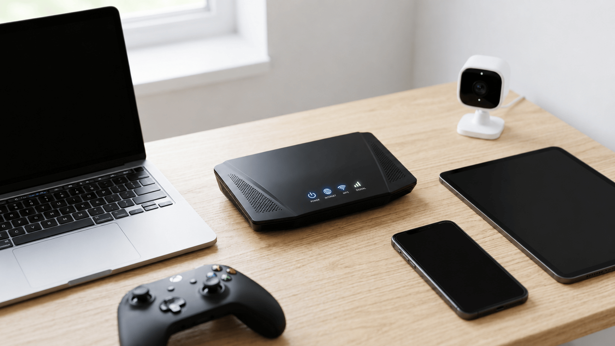 Router on a desk with a laptop, game controller, phone, tablet, and smart camera