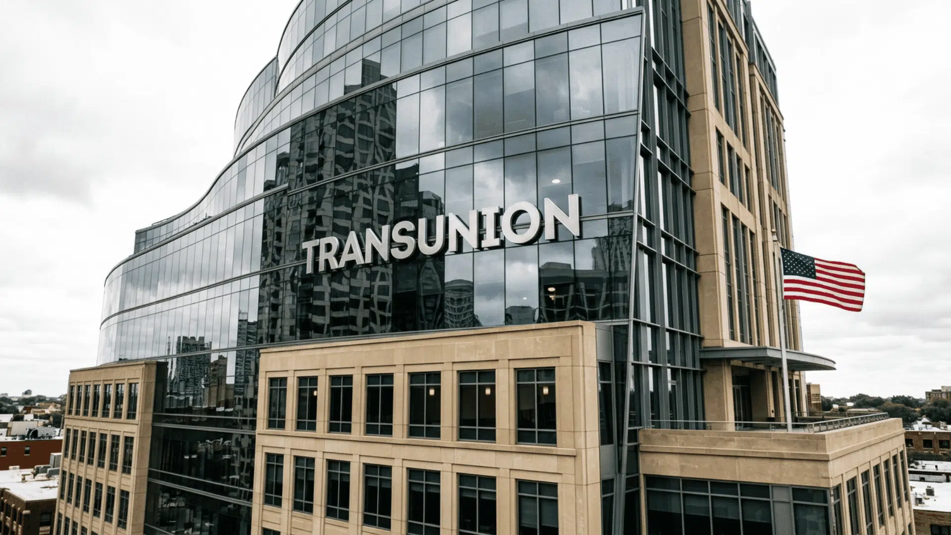 TransUnion office building with glass facade and American flag.