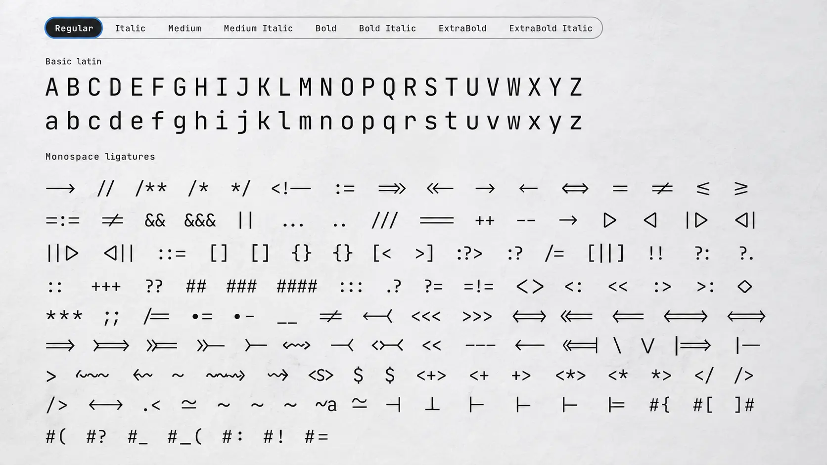 jetbrains mono font sample showing developer typography characters and coding ligatures