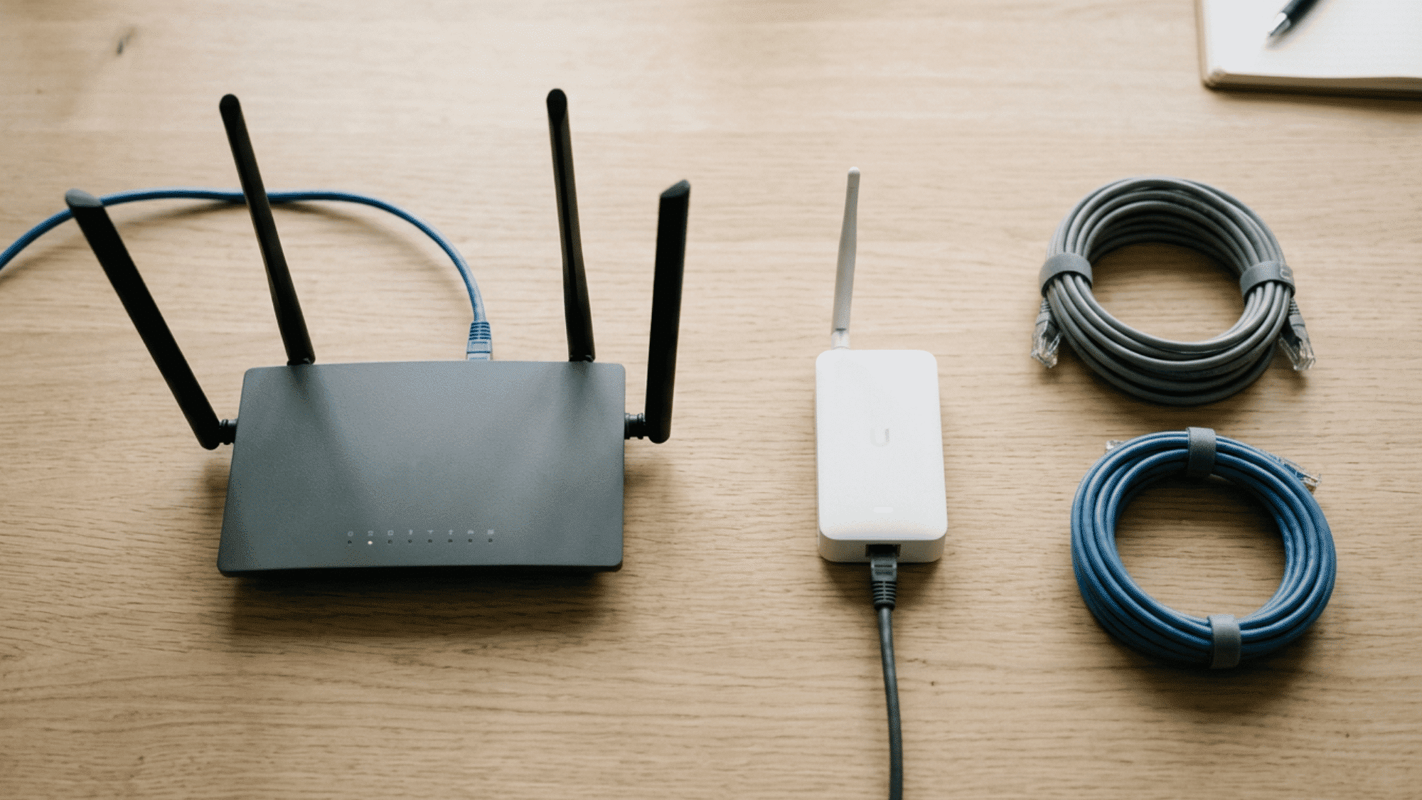 Overhead view of router, access point, and ethernet cables laid on wooden desk
