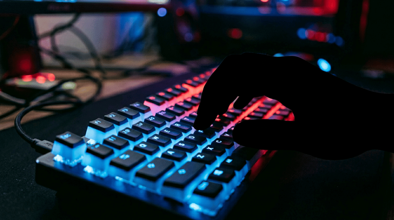 Backlit mechanical keyboard with red and blue lighting being typed on in a dark room