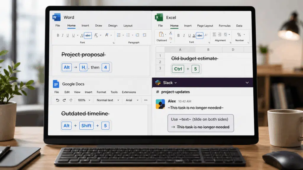 Laptop screen showing strikethrough shortcuts in Word, Excel, Docs, and Slack