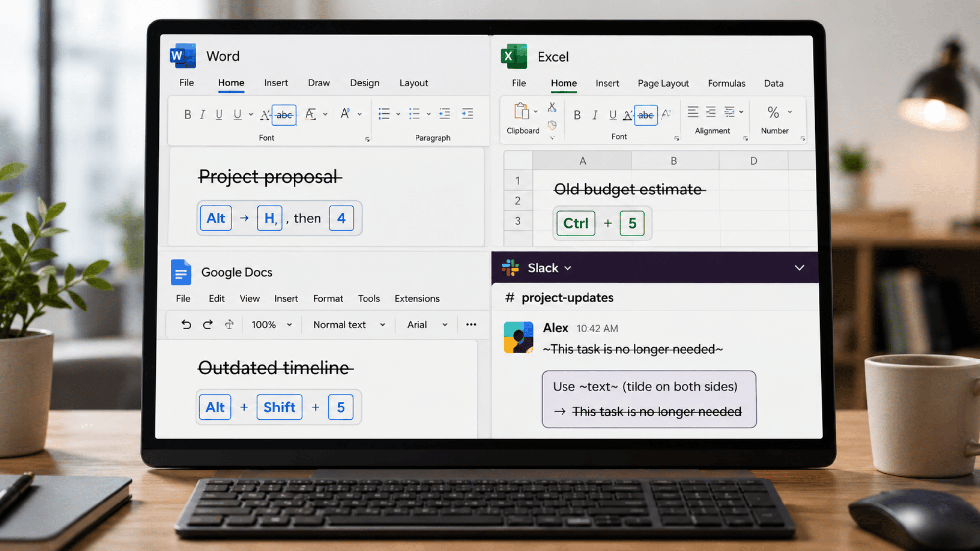 Laptop screen showing strikethrough shortcuts in Word, Excel, Docs, and Slack