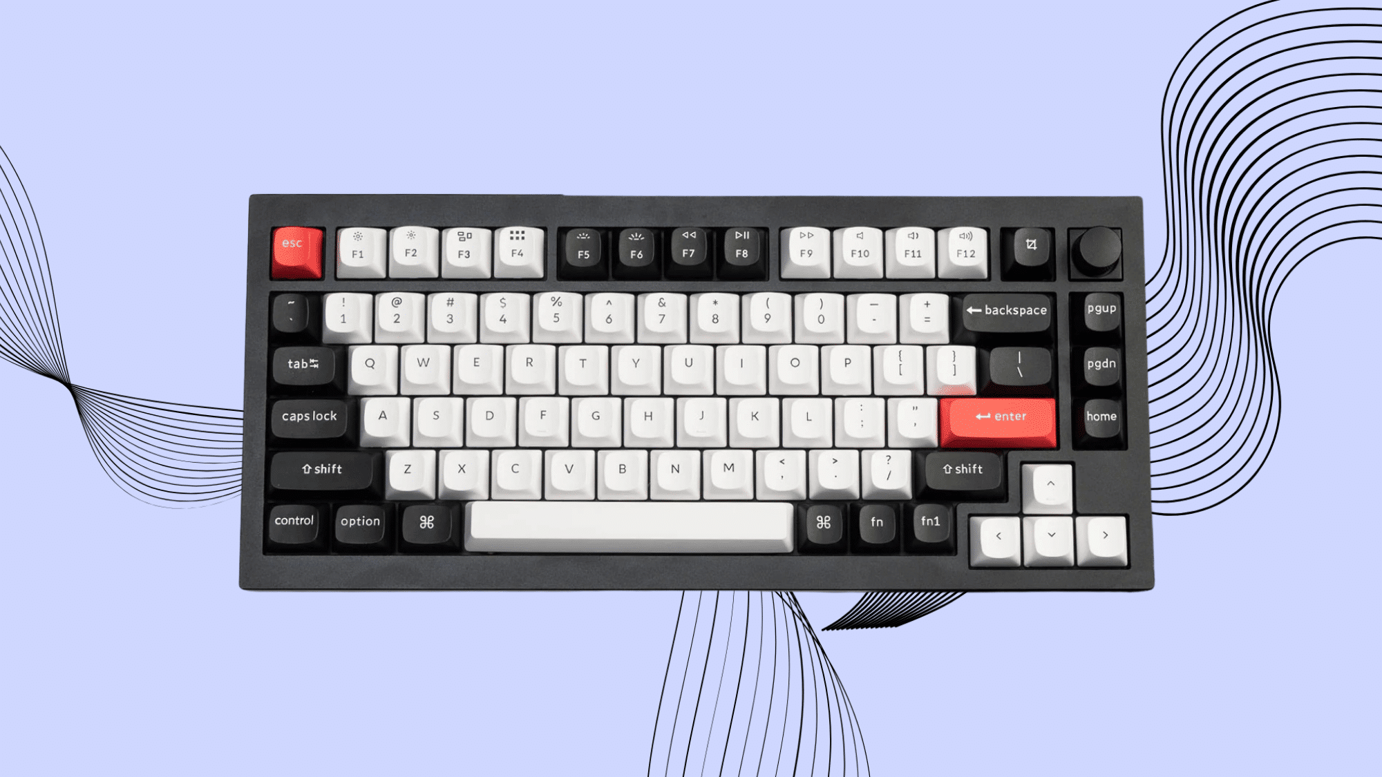 Top view of a compact mechanical keyboard with black, white, and red keycaps on a minimal abstract background.