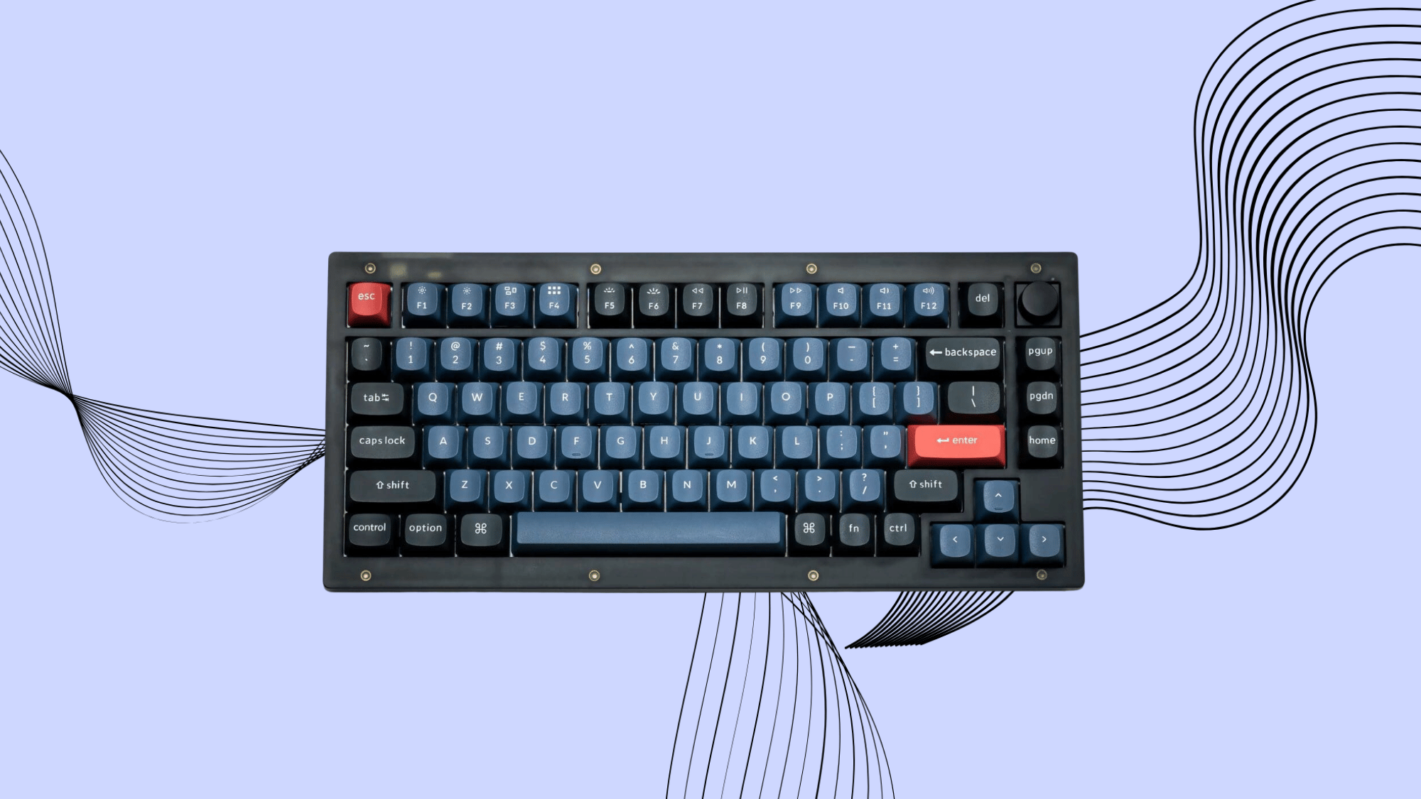 Compact mechanical keyboard with blue keycaps and red accents on a clean abstract background, top view.