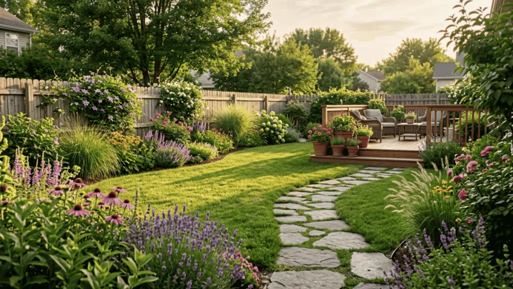 Lush suburban backyard with flowering borders, stone path, and wooden deck at golden hour, no people