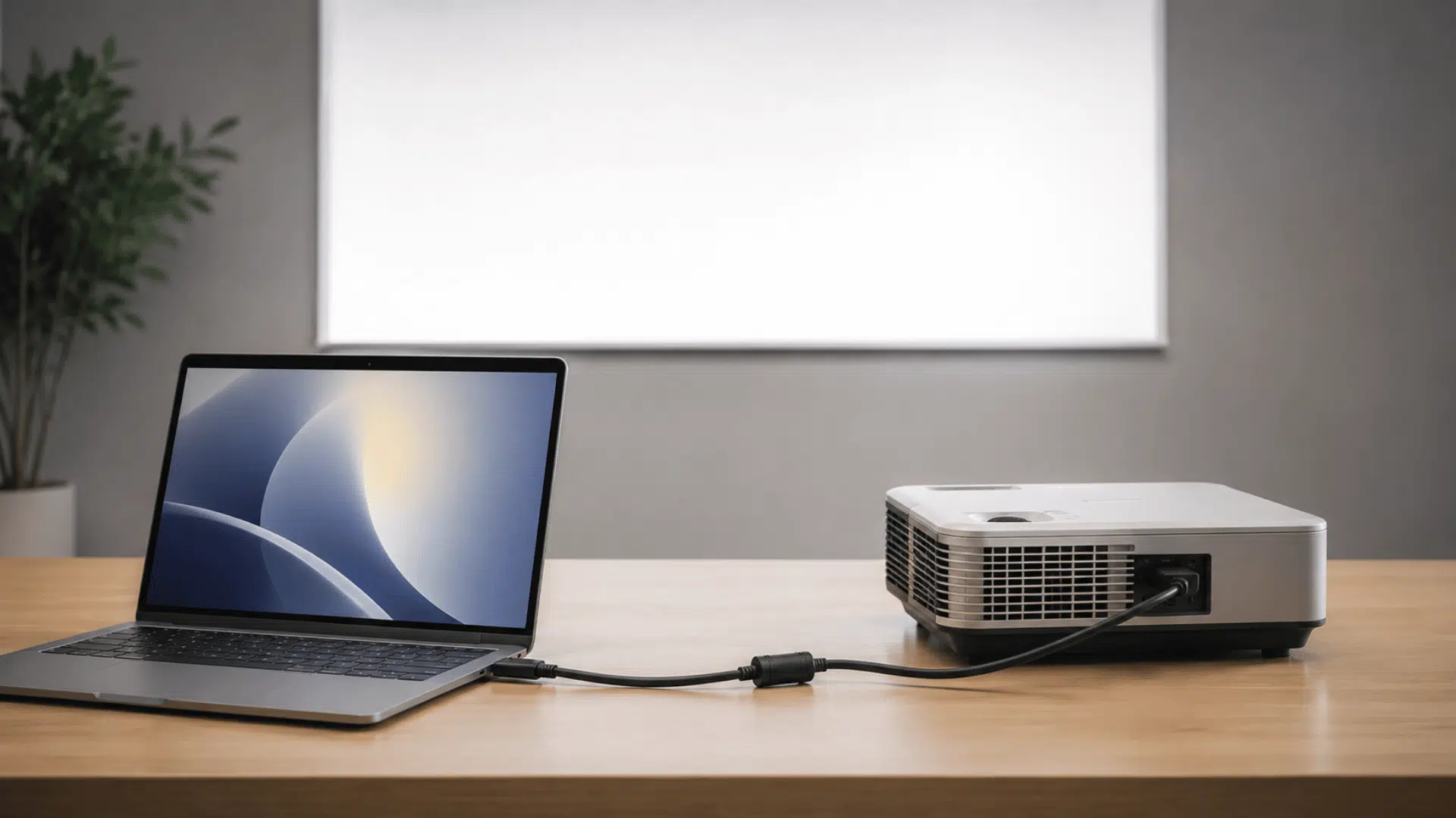 Laptop connected to a projector with cable on a desk in a meeting room