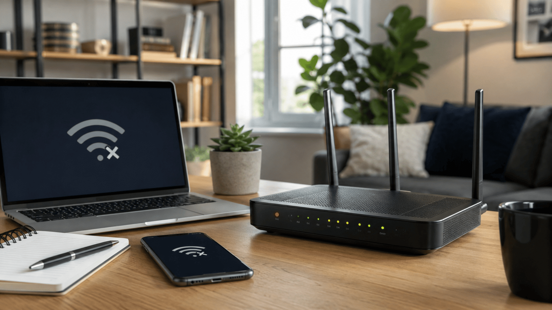 Router, laptop, and phone showing WiFi connection issues in a modern home office