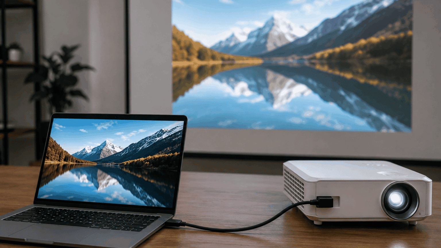Laptop connected to projector showing a landscape on a wall screen in a modern room