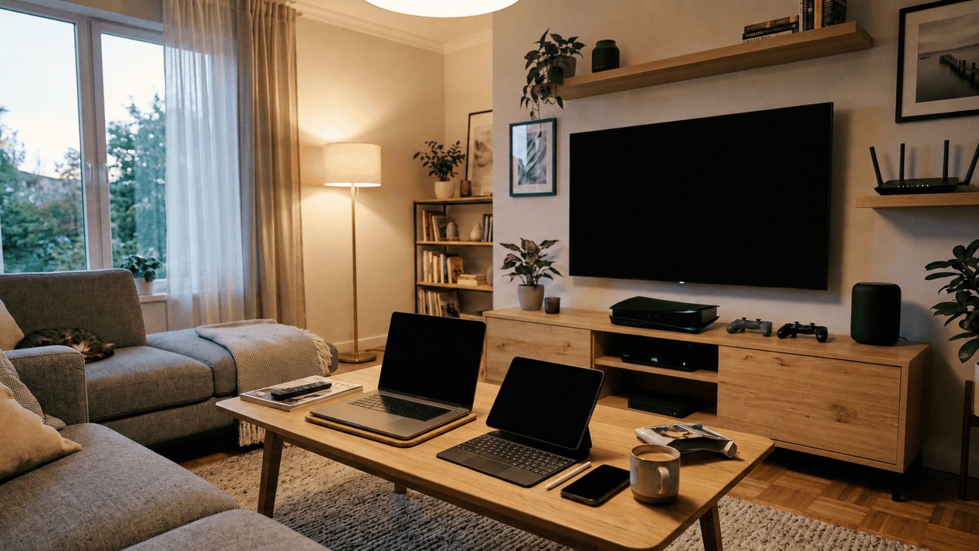 Living room with laptops, tablet, phone, gaming console, TV, and a Wi-Fi router
