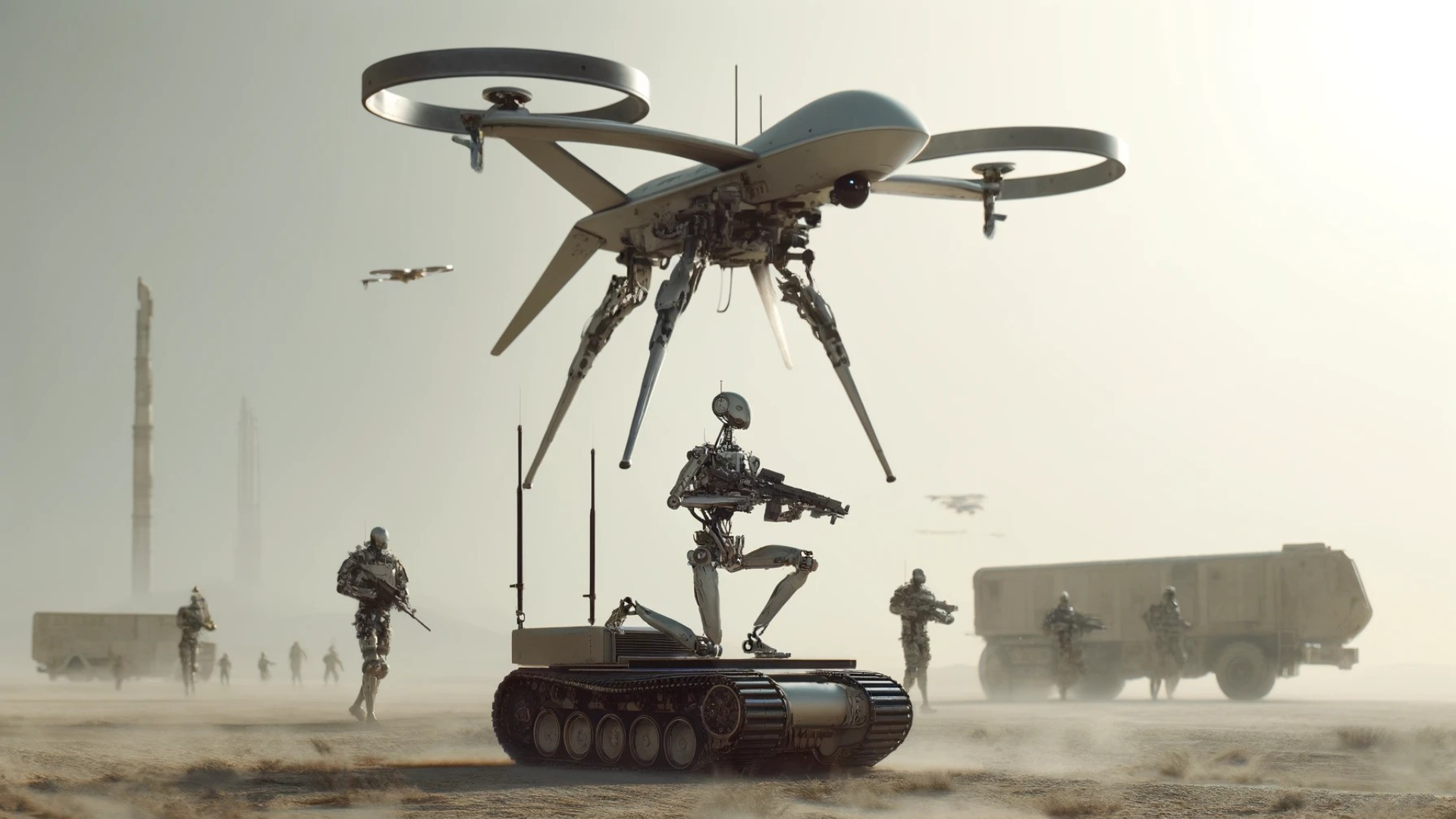 Large six-legged drone hovering over a robot soldier on a tank in a futuristic desert with robotic vehicles behind