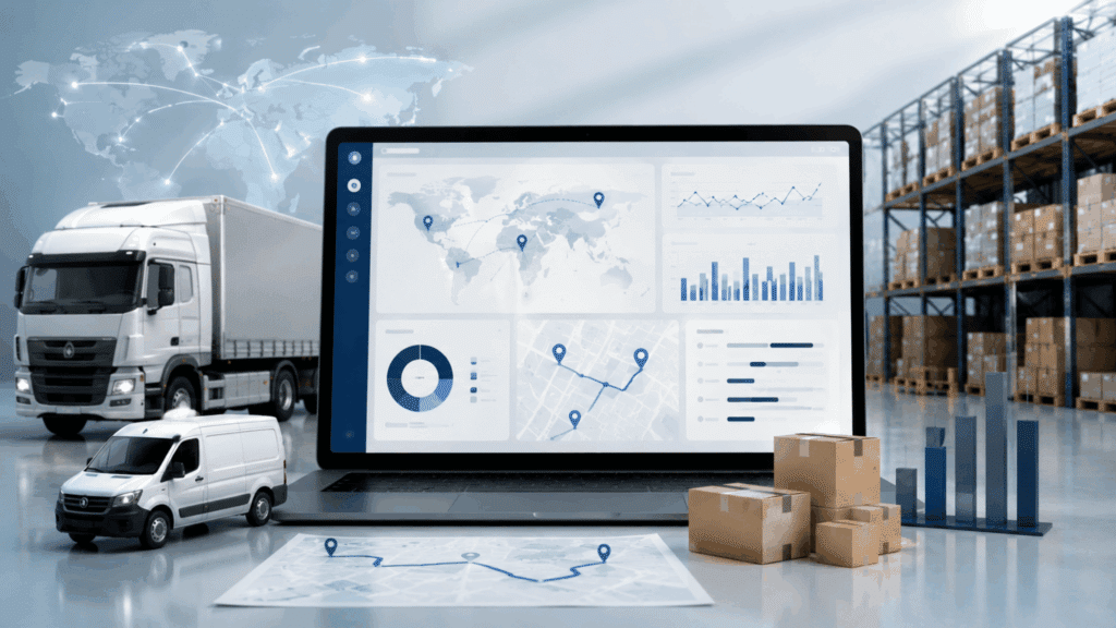 Logistics software dashboard with trucks, warehouse, maps, and boxes