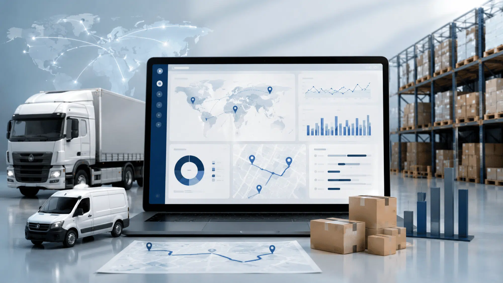 Logistics software dashboard with trucks, warehouse, maps, and boxes