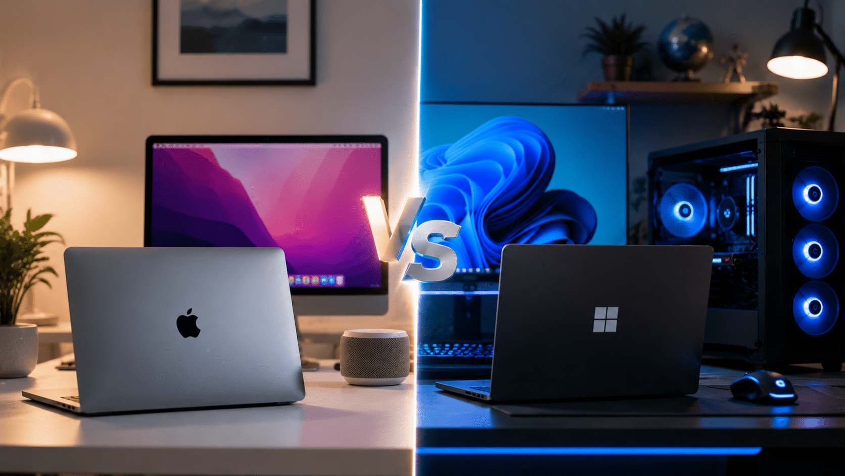 mac laptop and windows pc setup showing a side by side technology comparison workspace