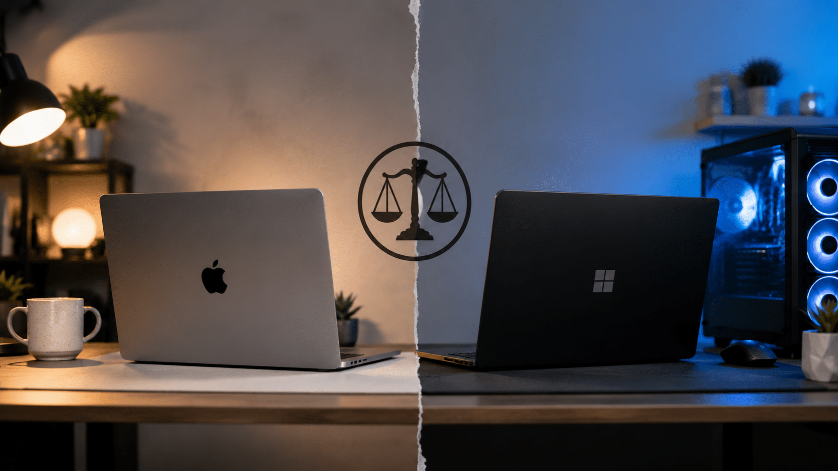 mac laptop and windows pc setup side by side showing a technology comparison workspace with contrasting desk environments