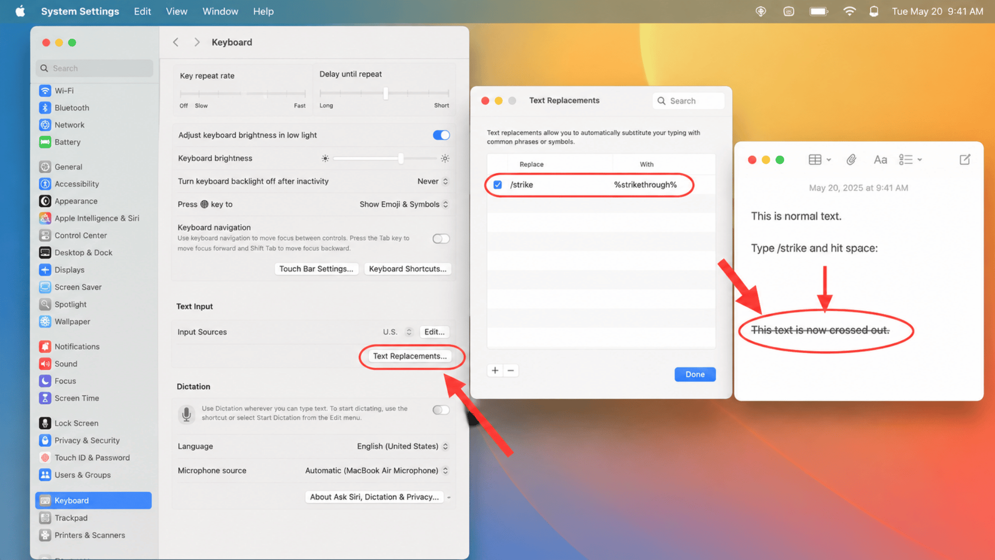 Mac text replacement settings showing shortcut for crossed-out text