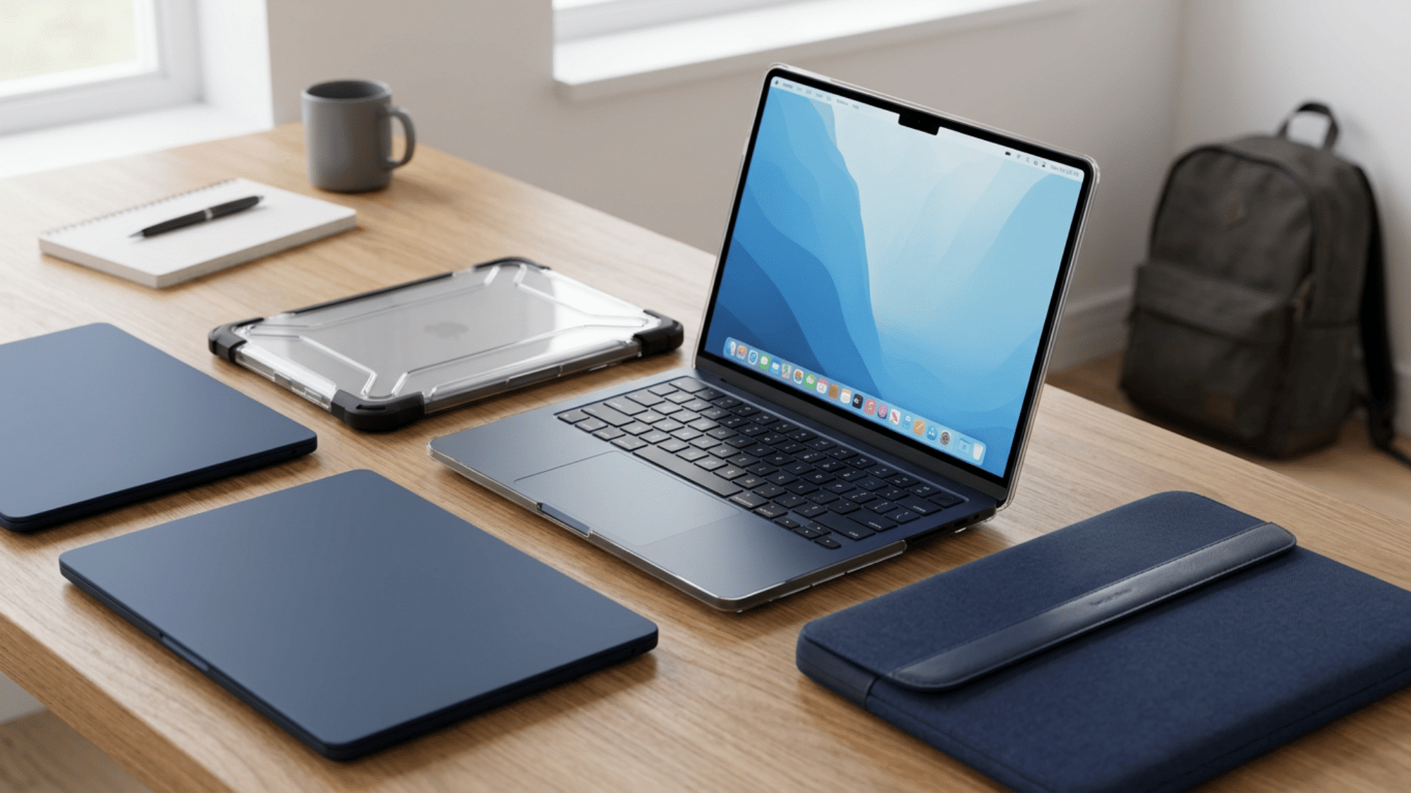 MacBook Air M2 on desk surrounded by hard-shell, sleeve, and rugged case options