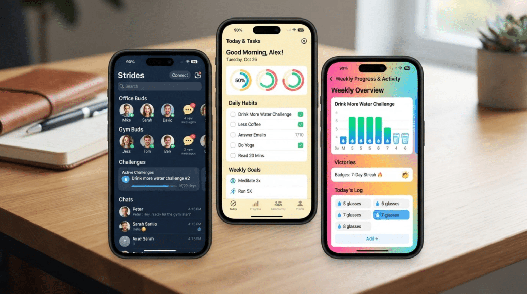 Three phone screens showing goal tracking app with habits and progress