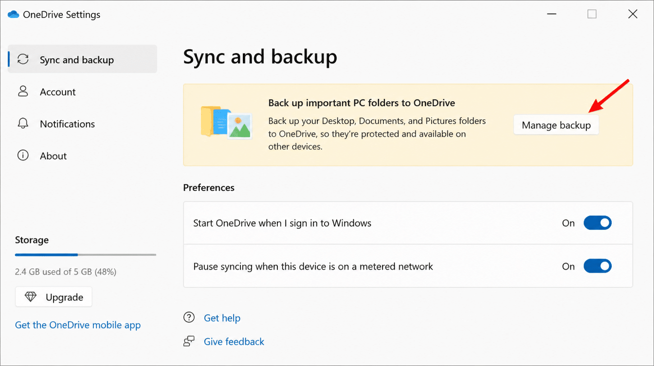OneDrive sync and backup settings with manage backup option highlighted