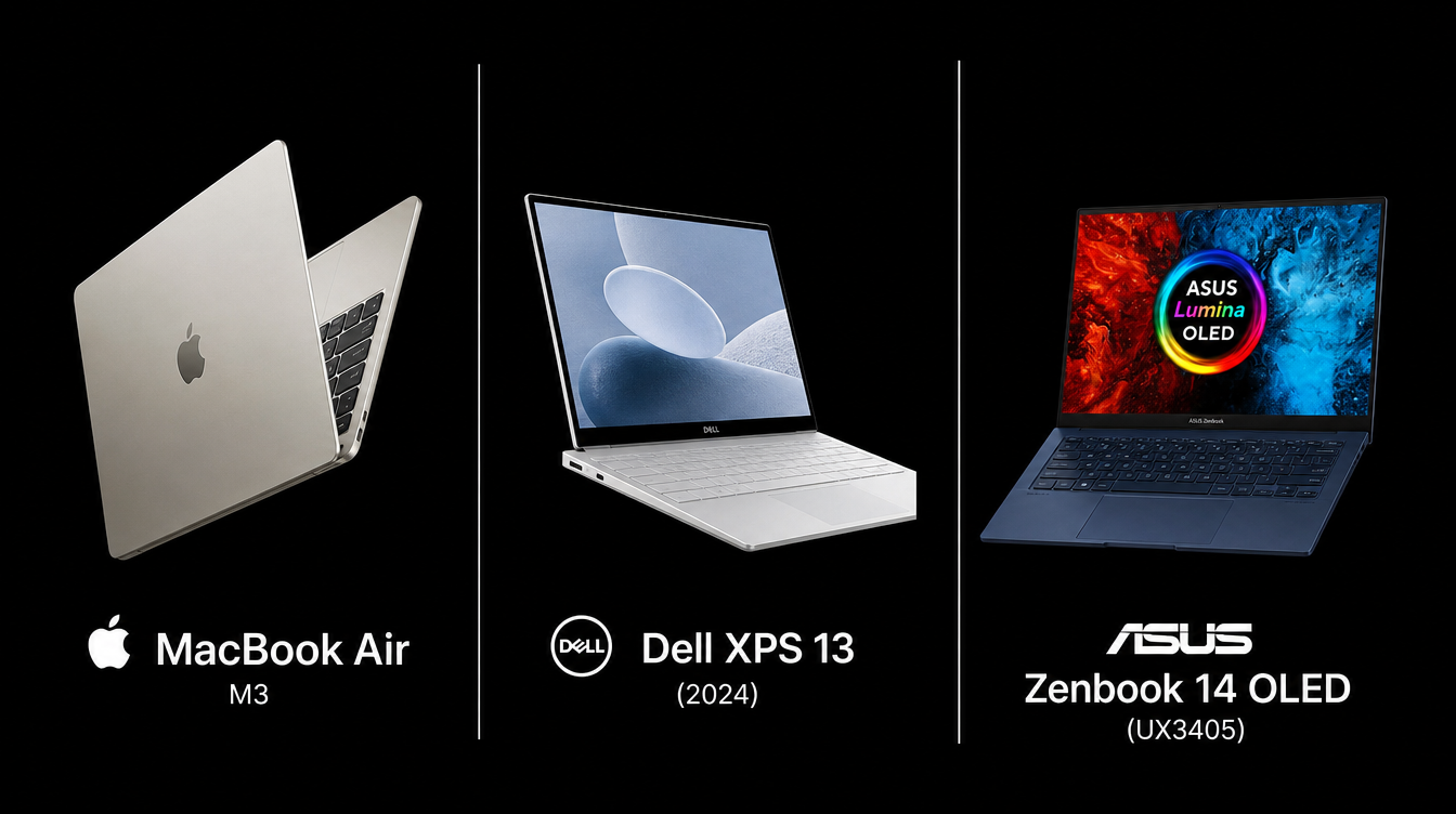 Three ASUS laptops shown from different angles, including one displaying Lumina OLED branding on screen.