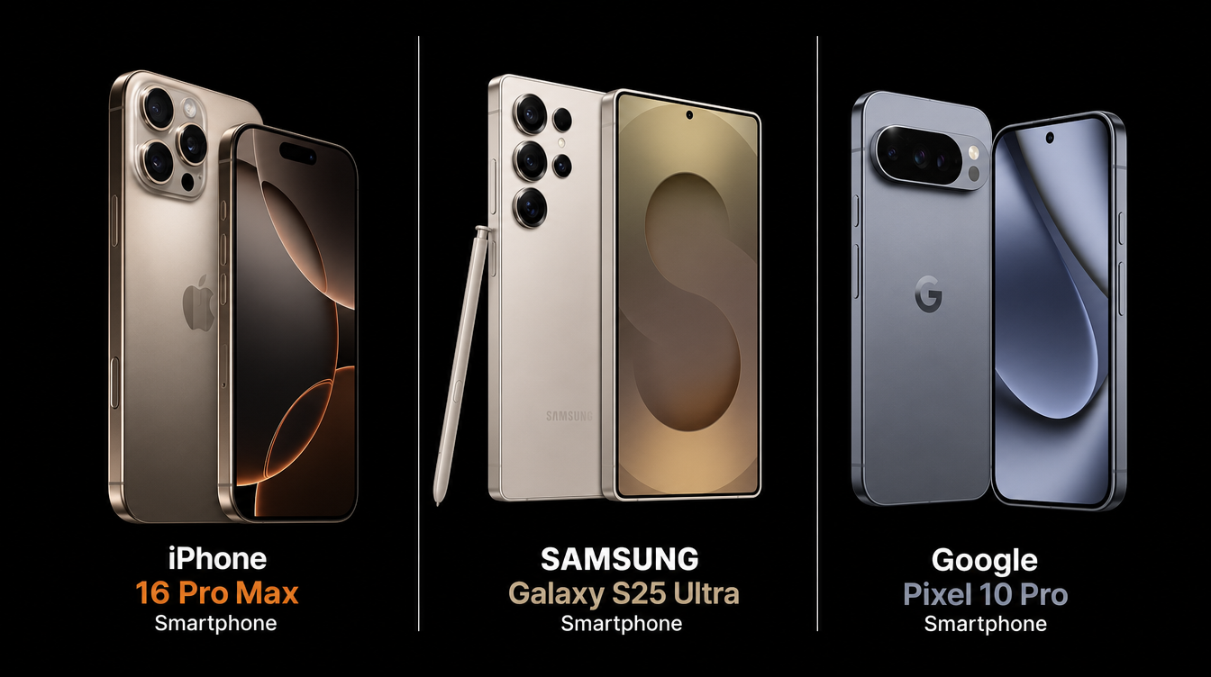 Google Pixel, Samsung Galaxy S Ultra with stylus, and iPhone Pro smartphones shown side by side