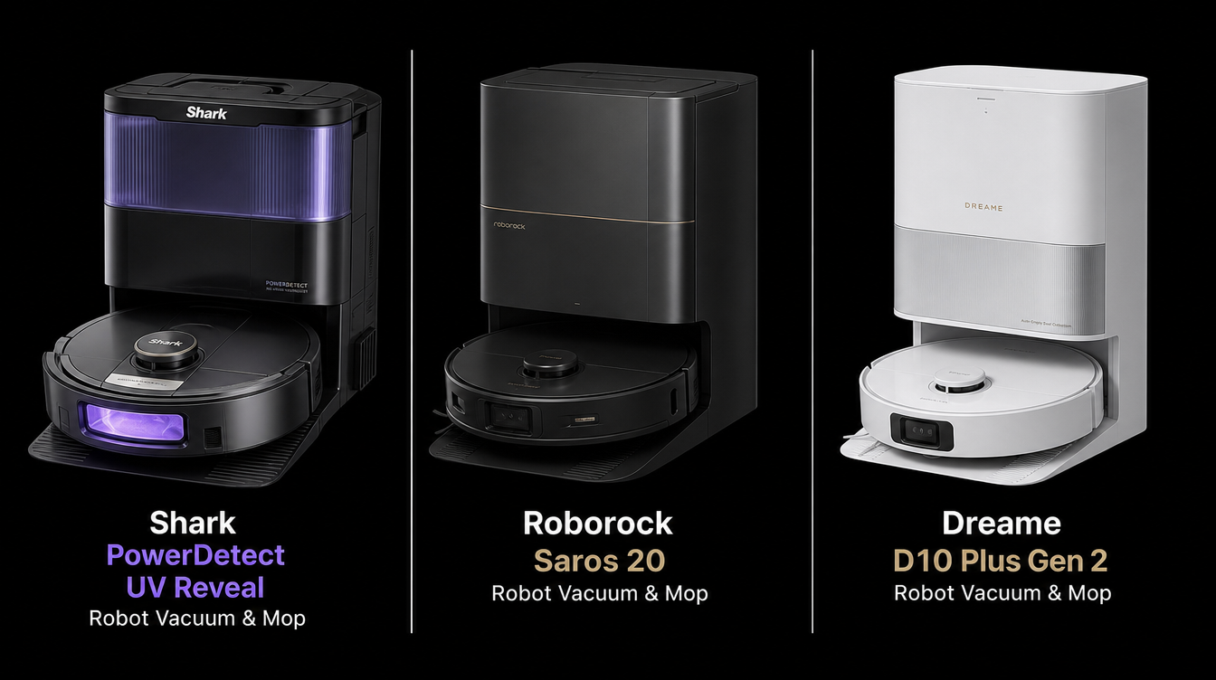 White robot vacuum with self-empty dock, plus black robot vacuum docks shown with dimensions.
