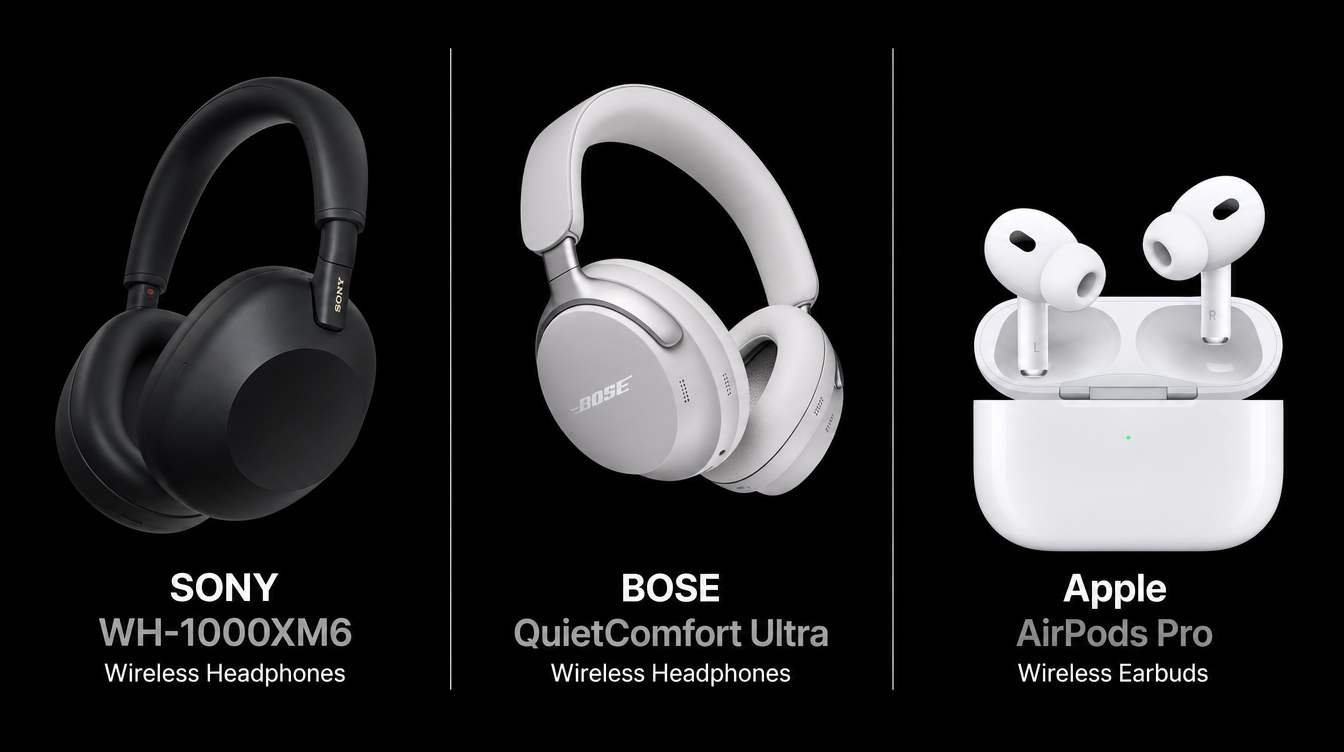 Collage of wireless headphones in multiple colors, gray Bose over-ear headphones, and white wireless earbuds.