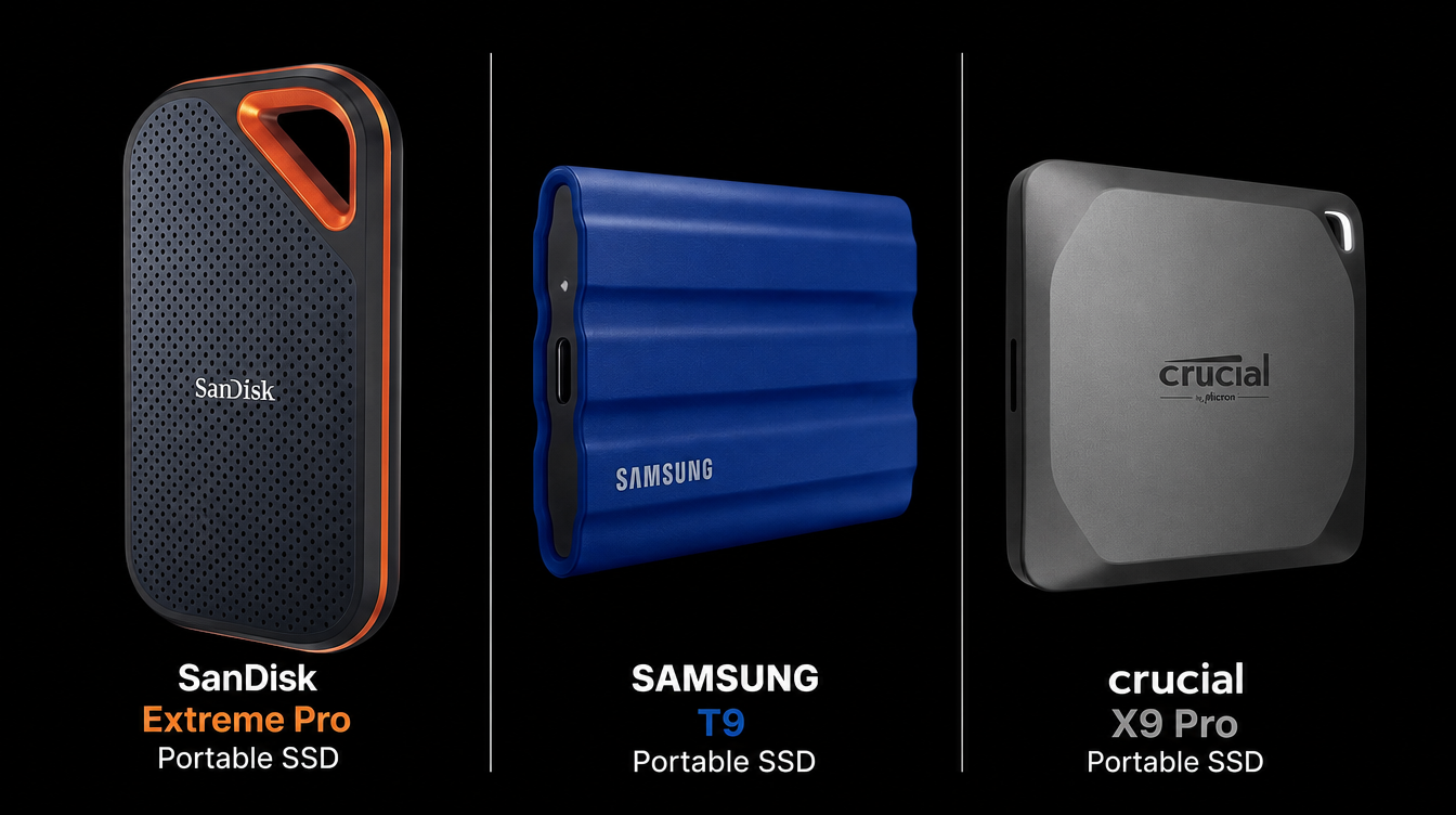 Three portable SSDs side by side: SanDisk with orange handle, blue Samsung, and gray Crucial.