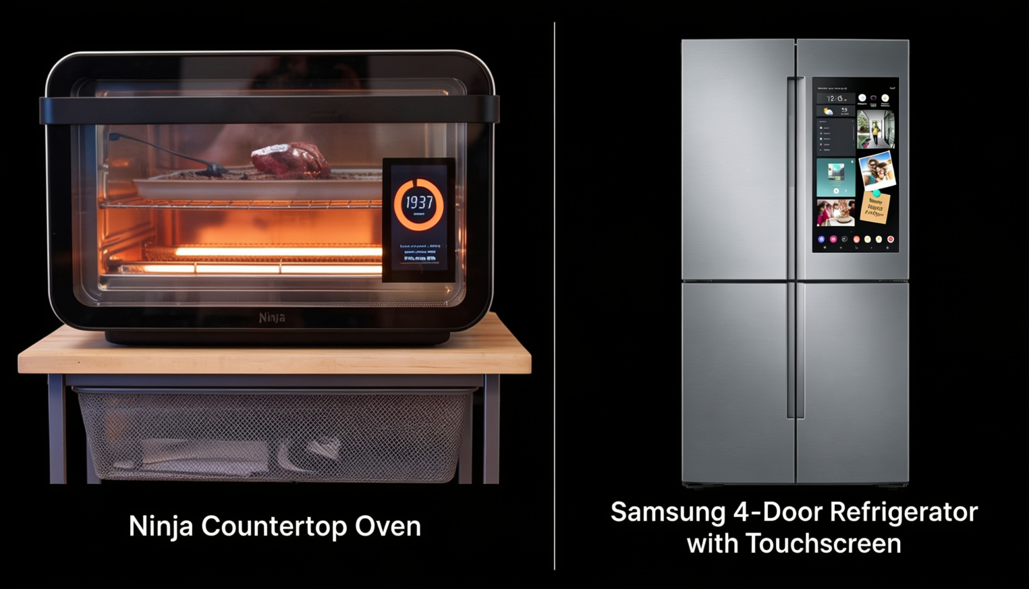 June smart oven cooking food on a cart, next to a stainless steel fridge with touchscreen display.