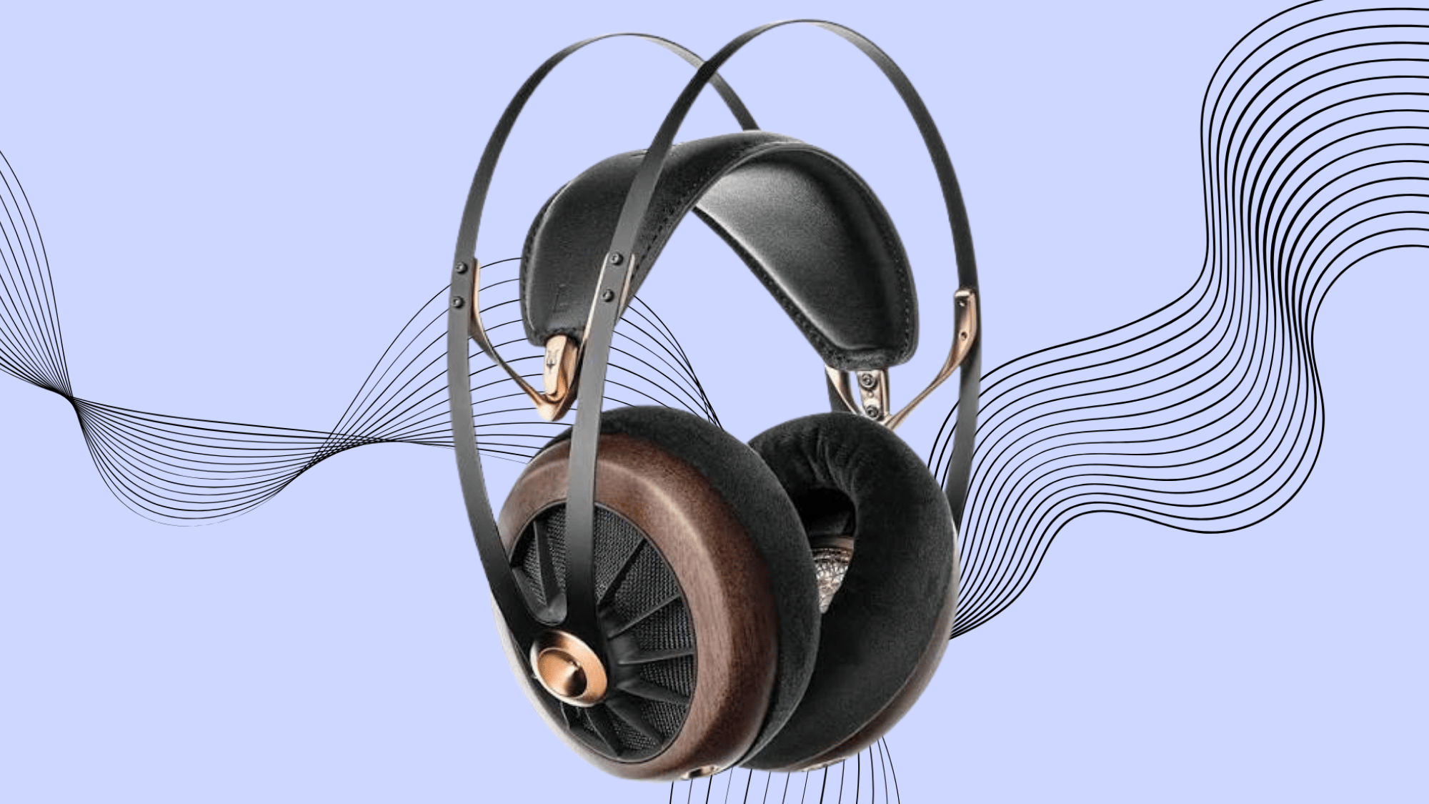 Meze 109 Pro open-back headphones with wooden earcups on a light purple background.