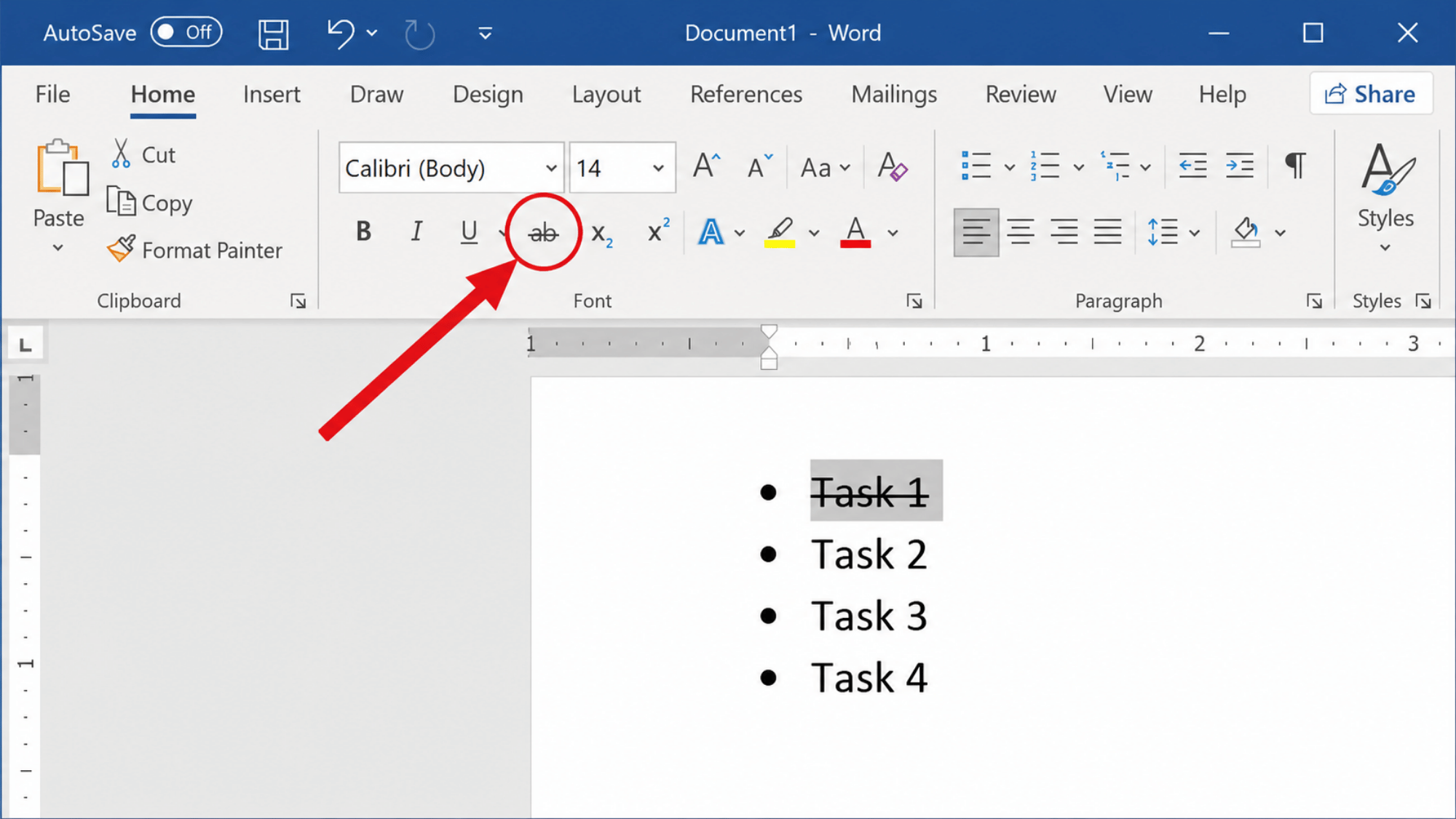 Microsoft Word strikethrough button highlighted with task text crossed out