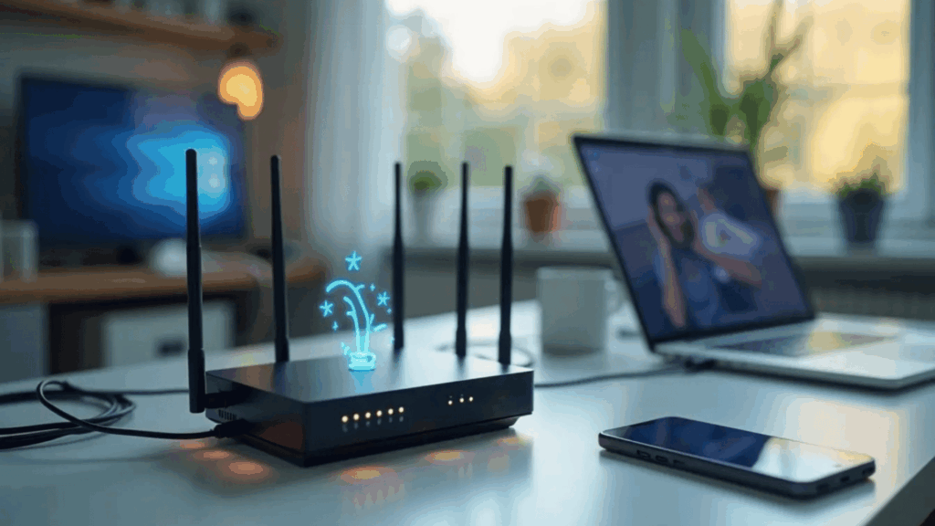 modern home setup showing broadband internet router connecting multiple device wirelessly