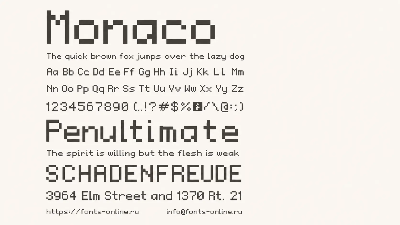 monaco font sample showing compact monospace characters and coding symbols