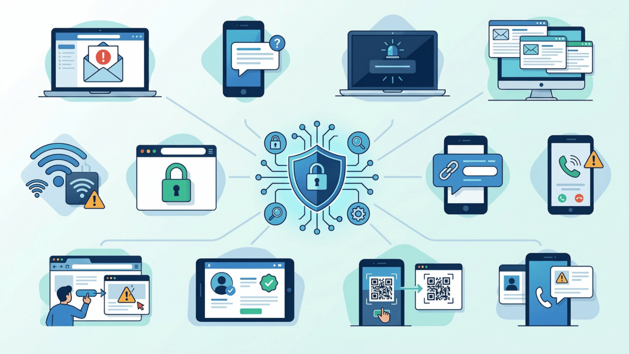 Types of phishing infographic with devices, QR codes, Wi-Fi, and alerts
