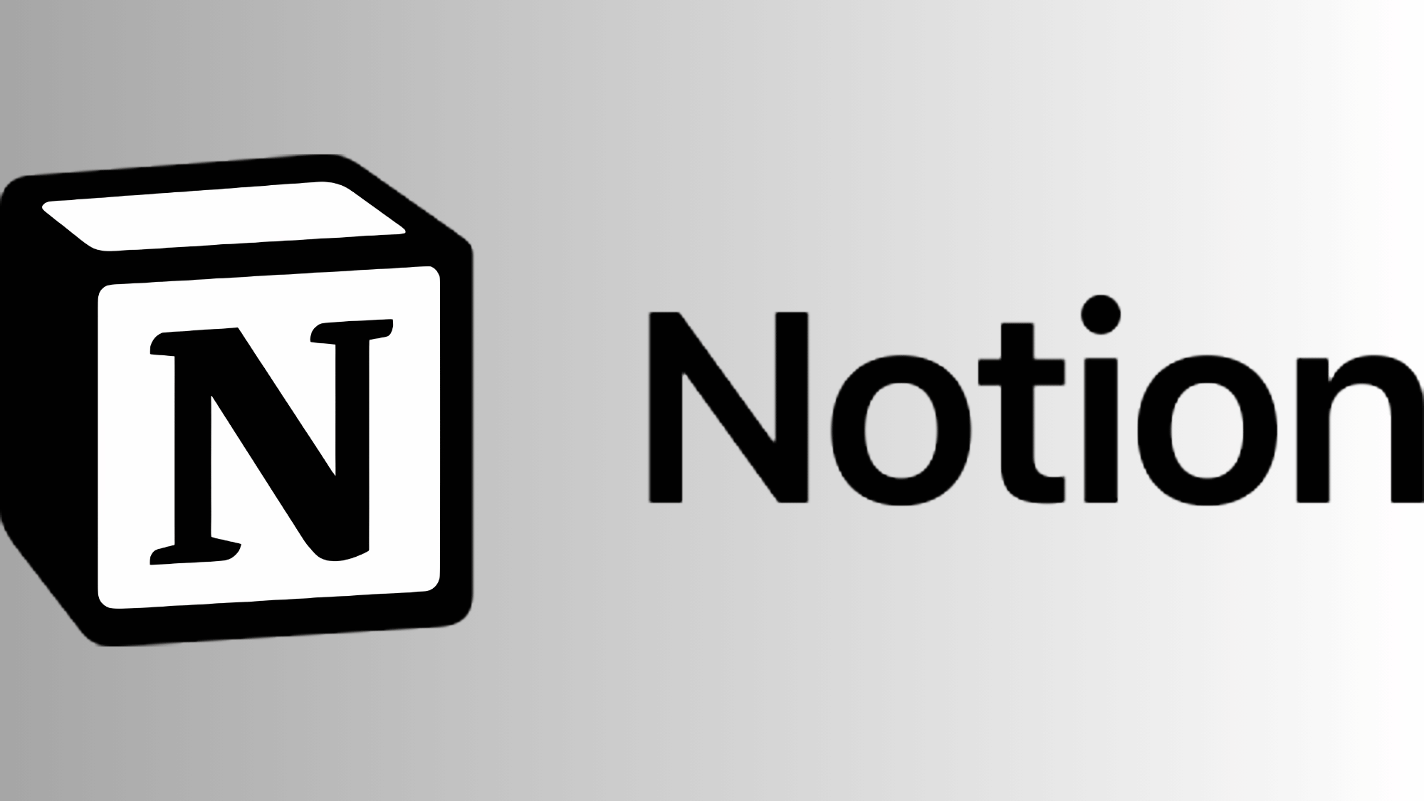 Notion logo with black cube icon and bold text on a light gray gradient background.