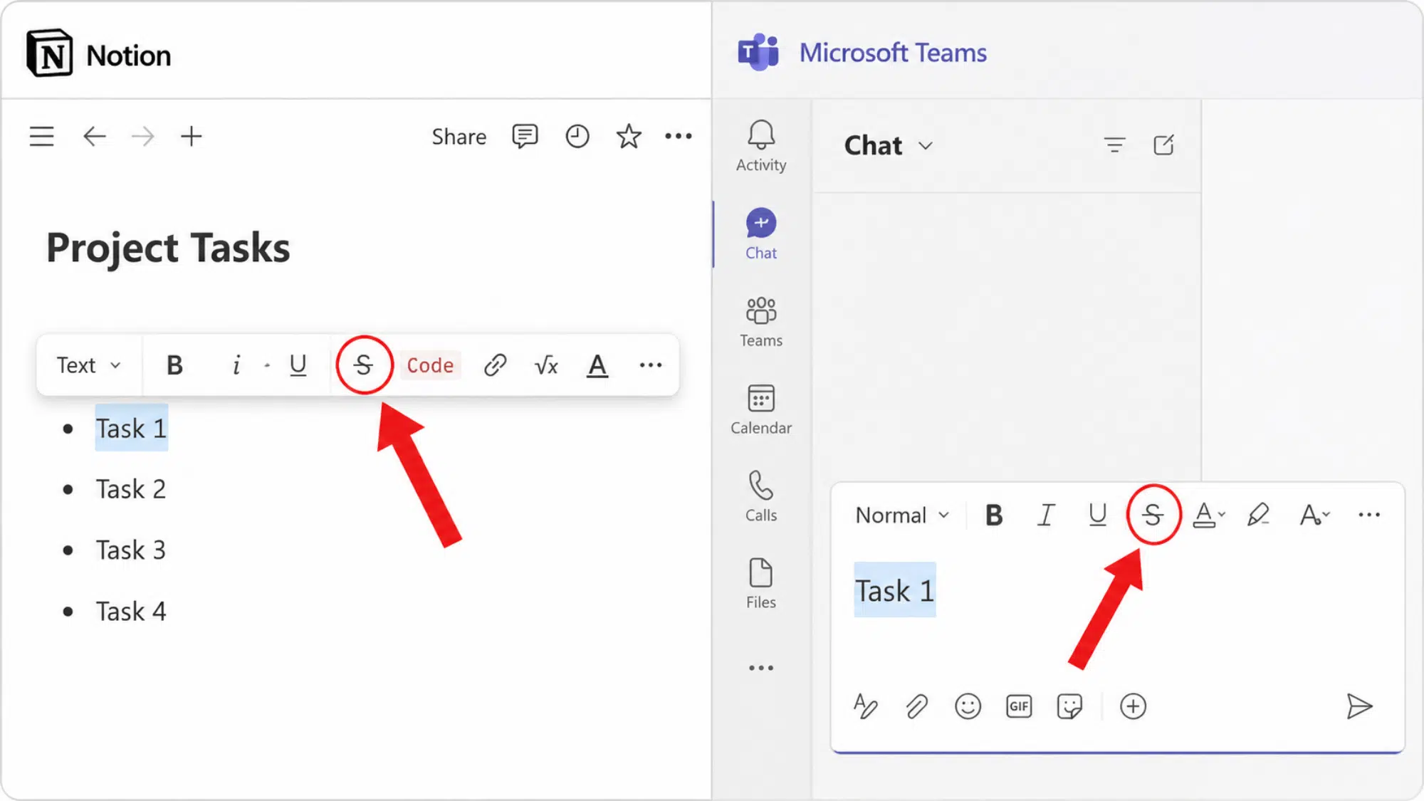 Notion and Teams strikethrough icons highlighted in formatting toolbars