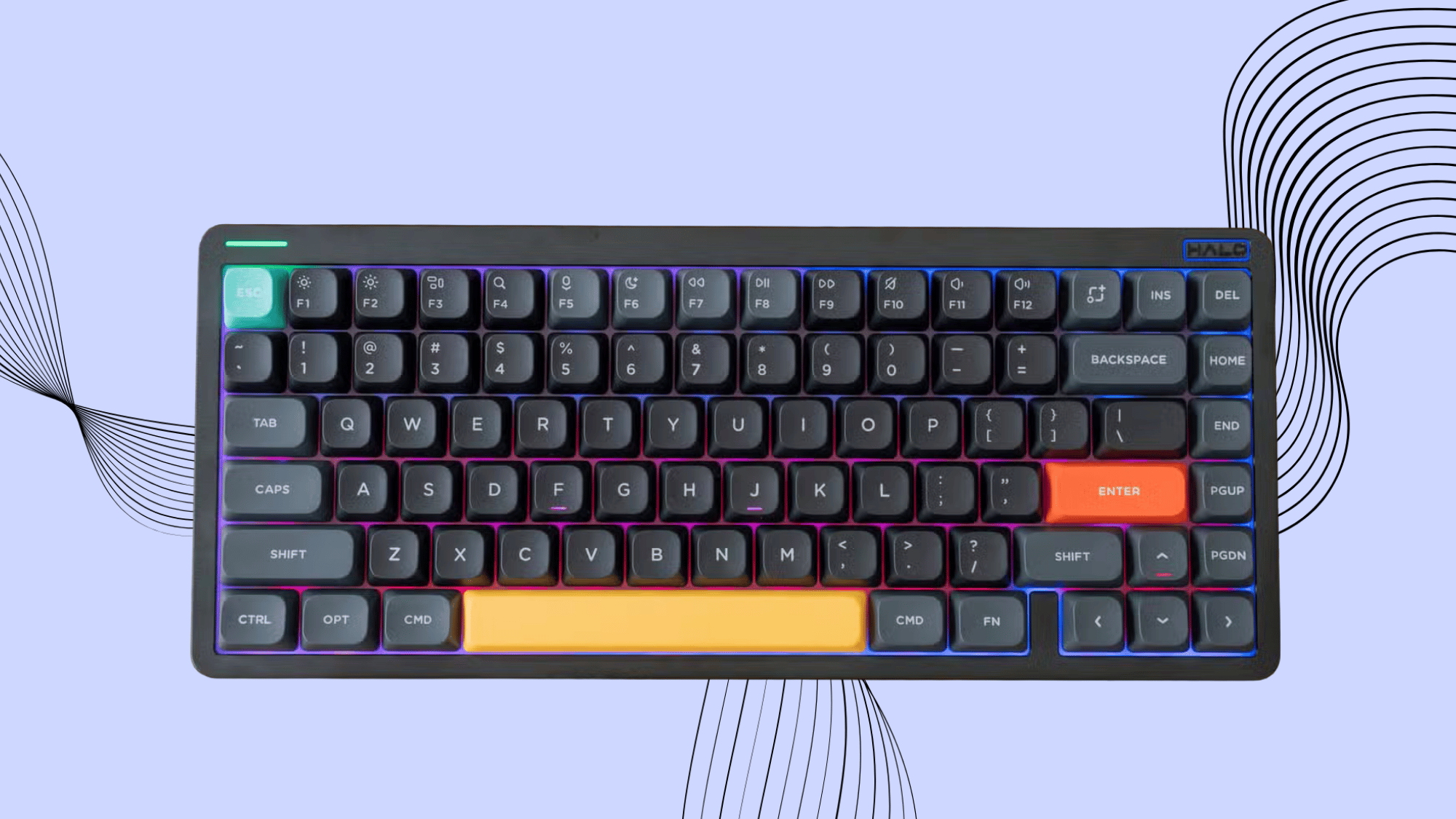 Compact RGB mechanical keyboard with dark keycaps and orange accents on a minimalist abstract background.