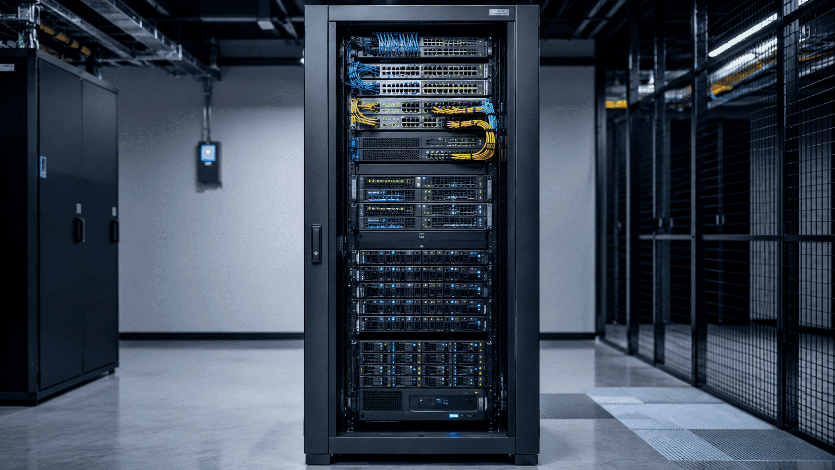 Organized server rack with servers, switches, storage, cables, and power units installed vertically
