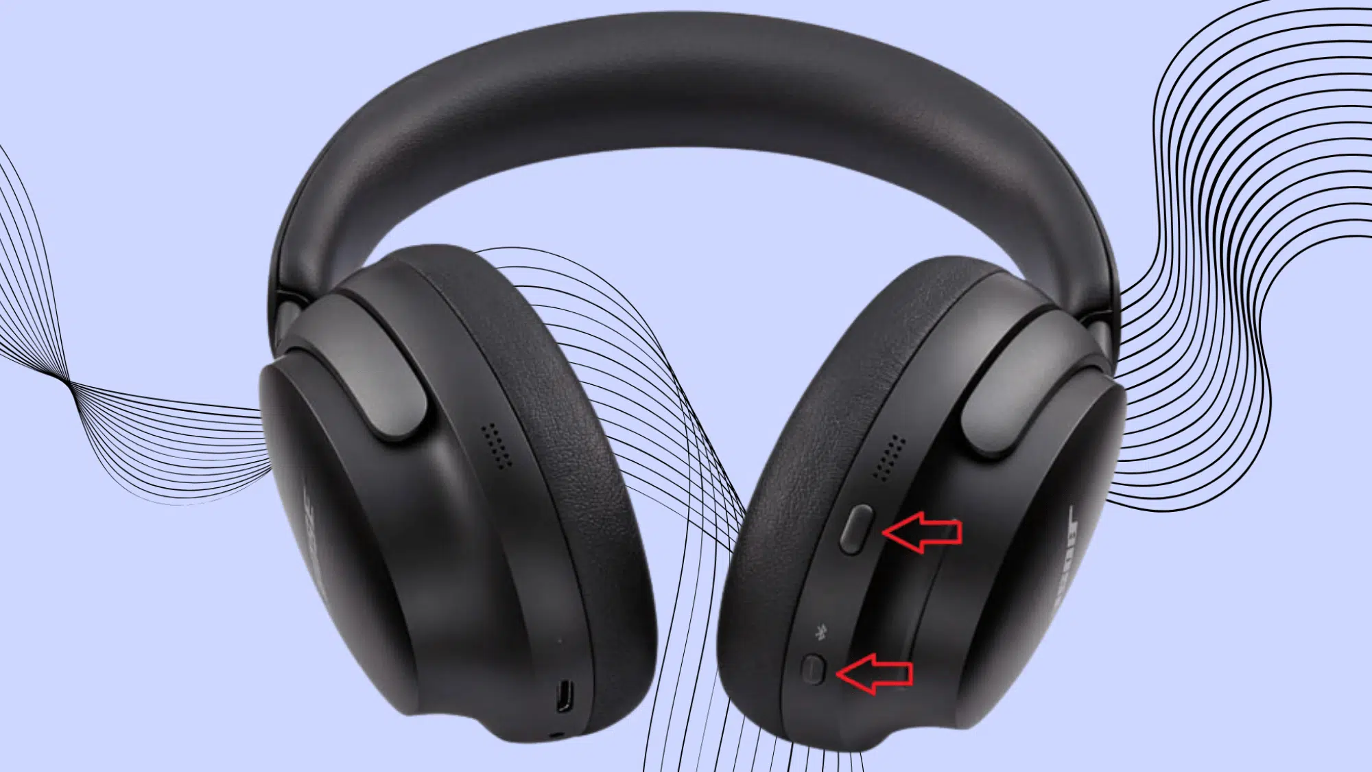 Bose headphones showing power and Bluetooth pairing buttons marked with red arrows