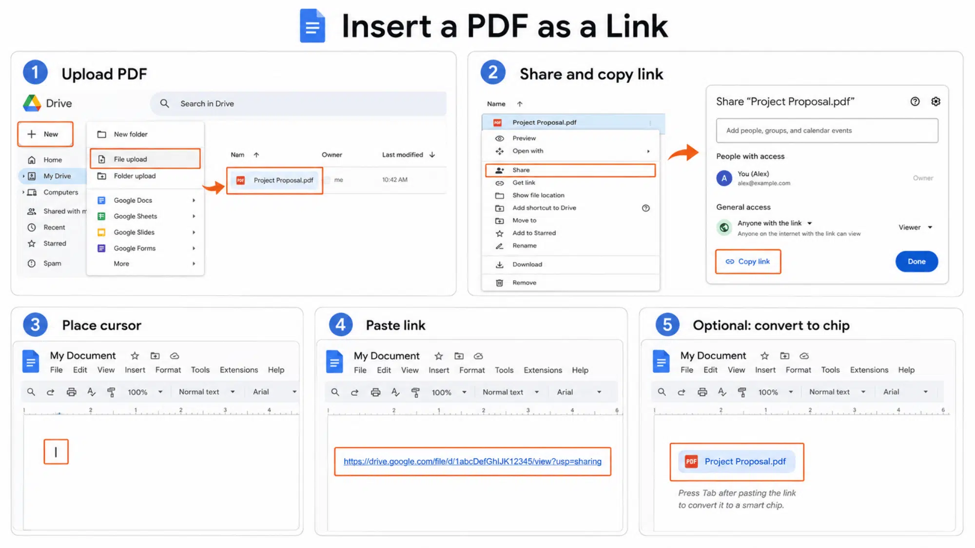PDF file linked into Google Docs with Drive and document options