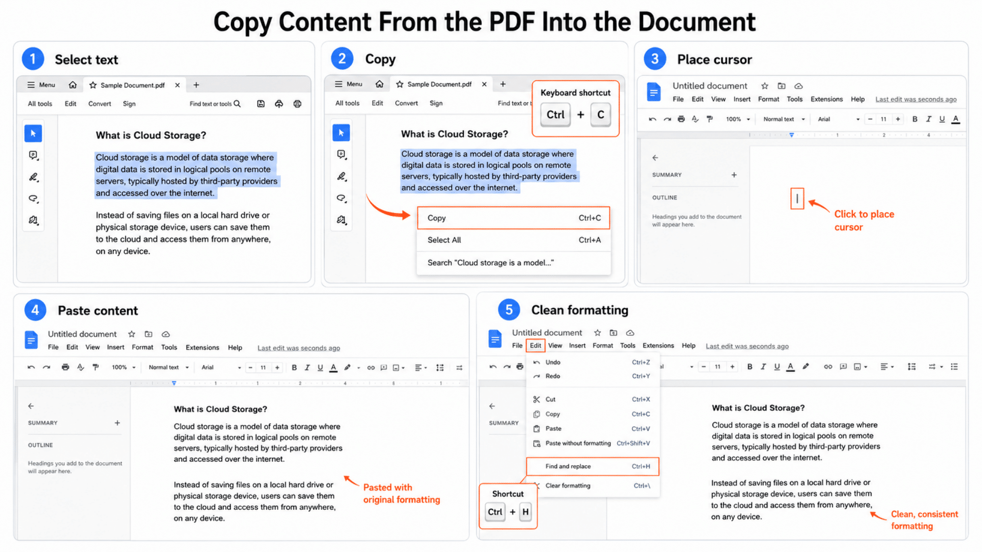 Steps to copy PDF text into Google Docs and clean formatting