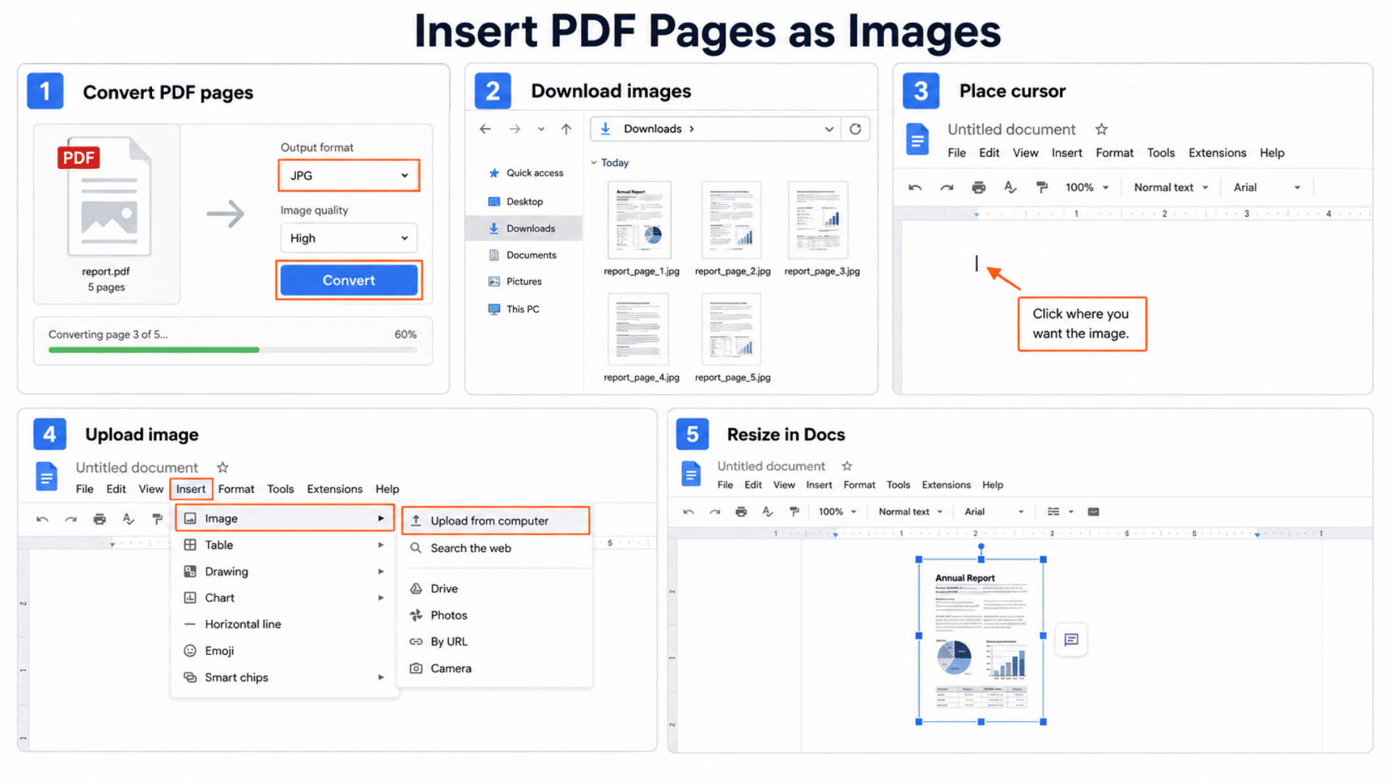 Steps to insert PDF pages as images in a Google Docs file